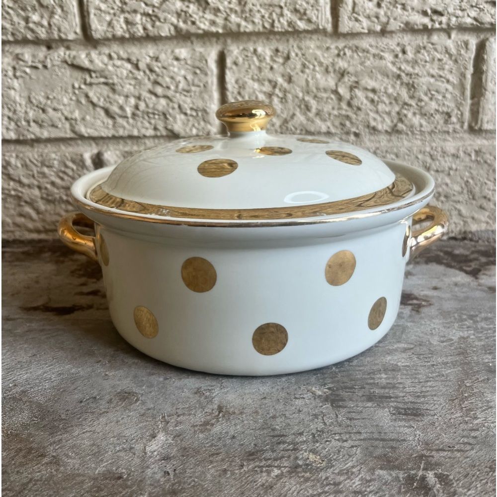 Vintage MCM Halls Gold Polka Dot Casserole Dish